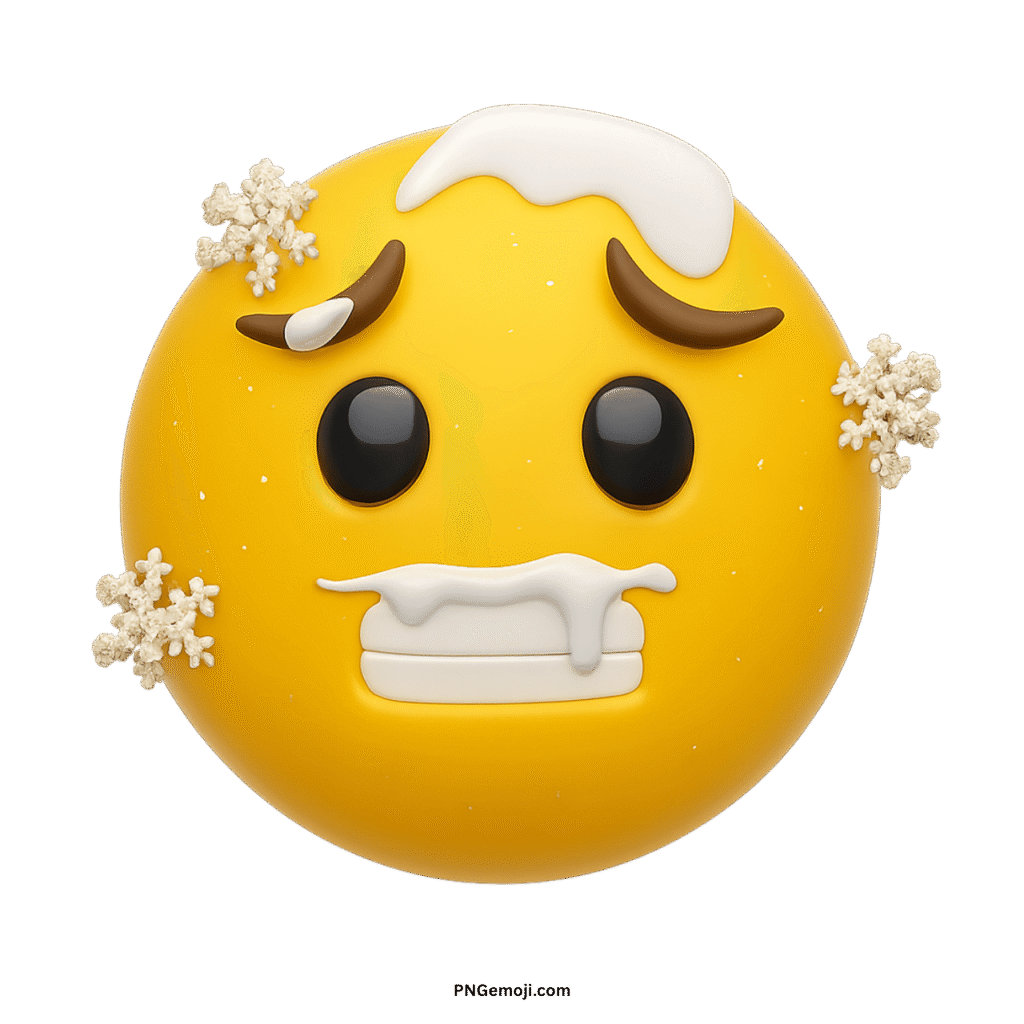 A yellow vector cold emoji covered in snow and ice, with chattering teeth, conveying extreme cold.