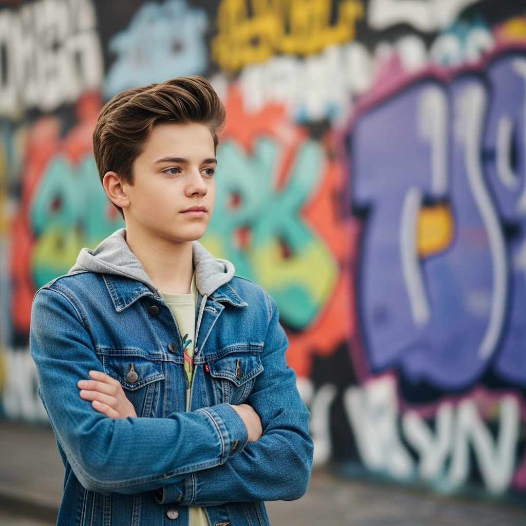 Cool teen boy in denim jacket and hoodie against vibrant graffiti wall.