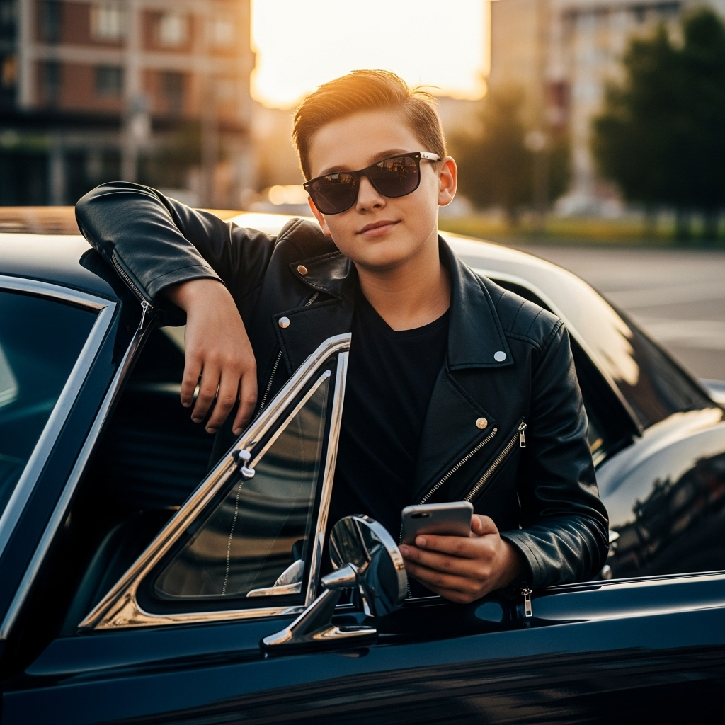 Stylish teenage boy with short blond hair wearing black leather jacket and sunglasses, leaning on classic black convertible car while checking smartphone at golden hour cityscape.