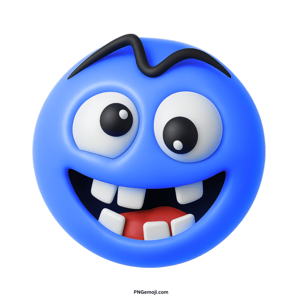 Crazy blue smiley face emoji with wide eyes, buck teeth, and wavy eyebrow.