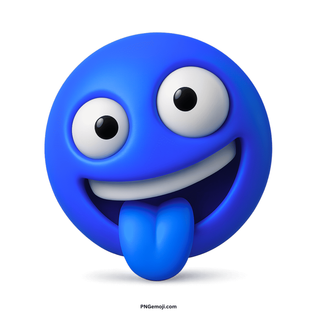  Crazy face blue 3D emoji with wide eyes, big smile, and tongue sticking out.