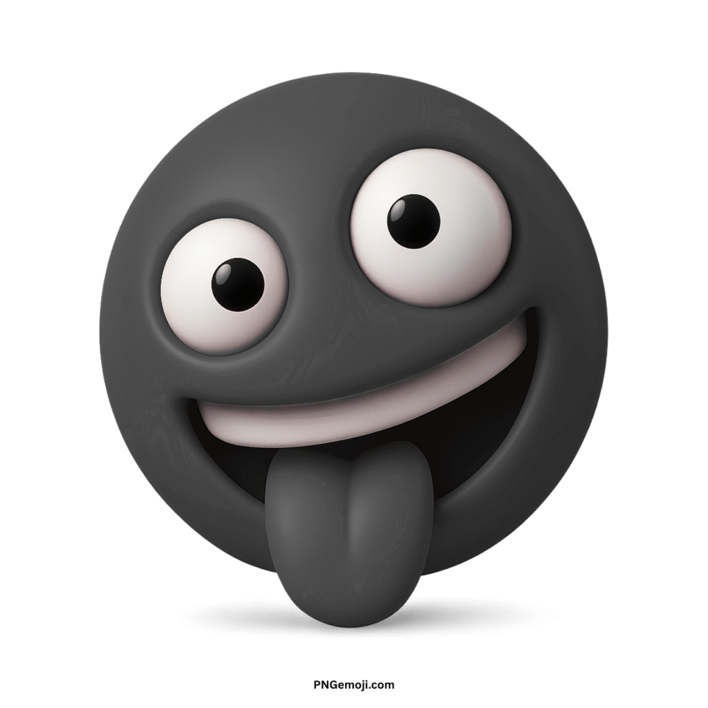 Crazy face gray 3D emoji with wide eyes, big smile, and tongue sticking out.