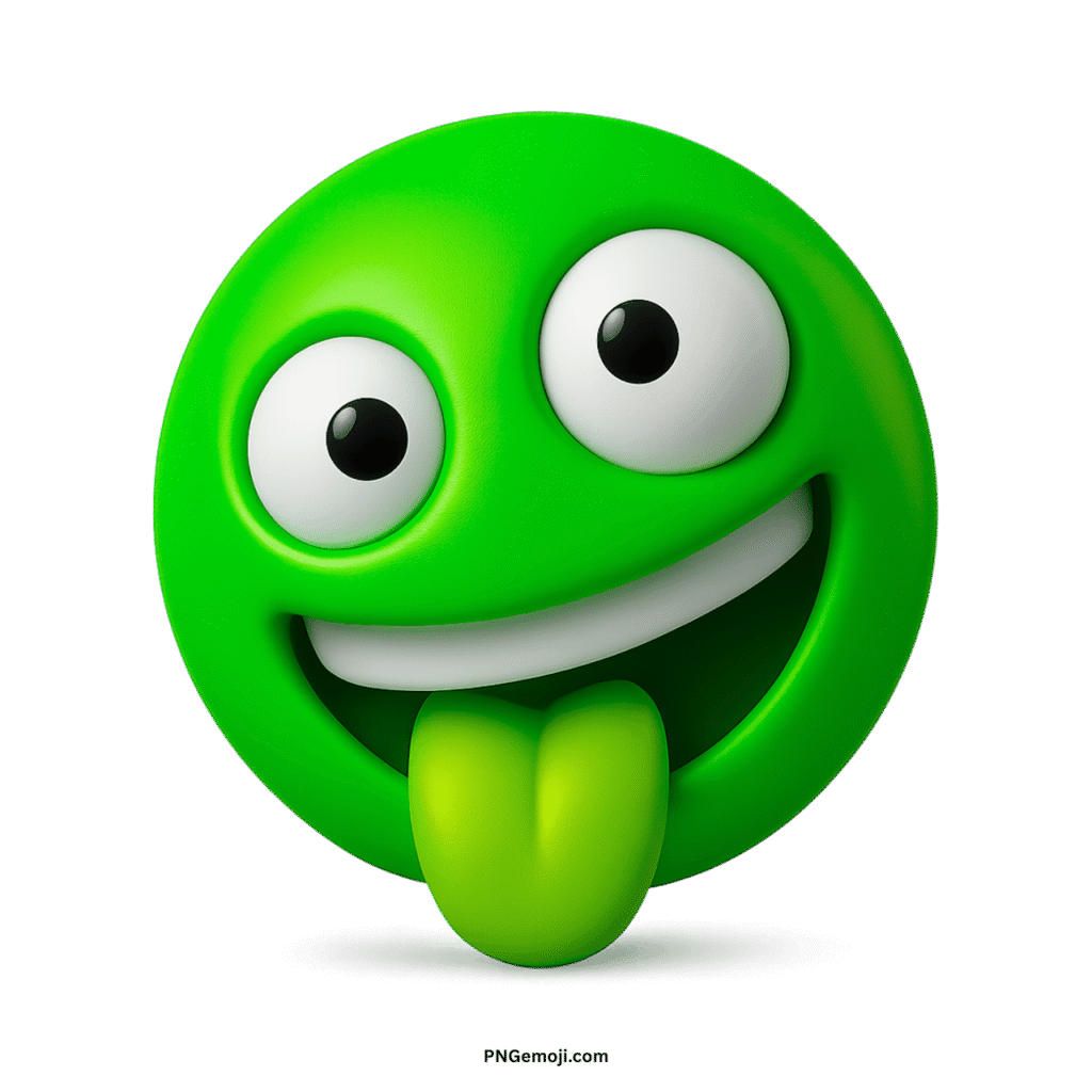 Crazy face green 3D emoji with wide eyes, big smile, and tongue sticking out.