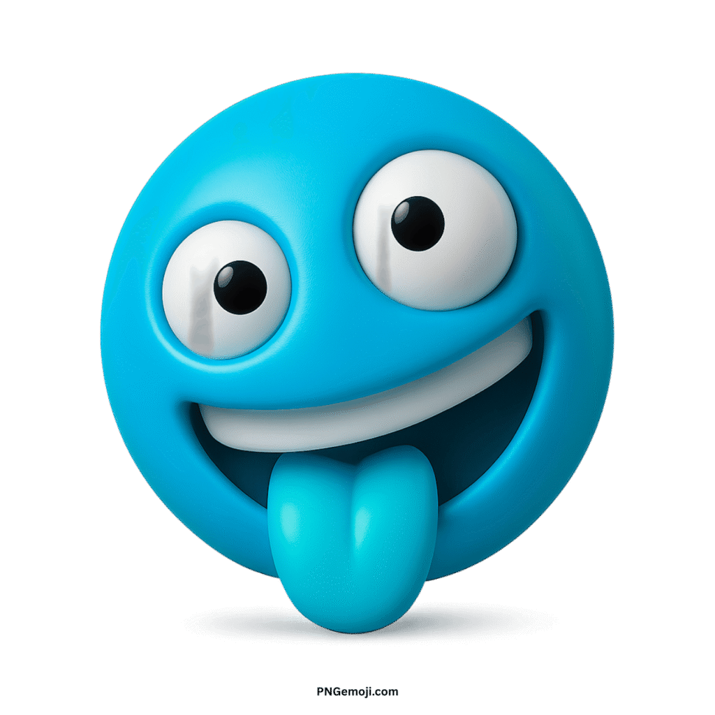 Crazy face light blue 3D emoji with wide eyes, big smile, and tongue sticking out.