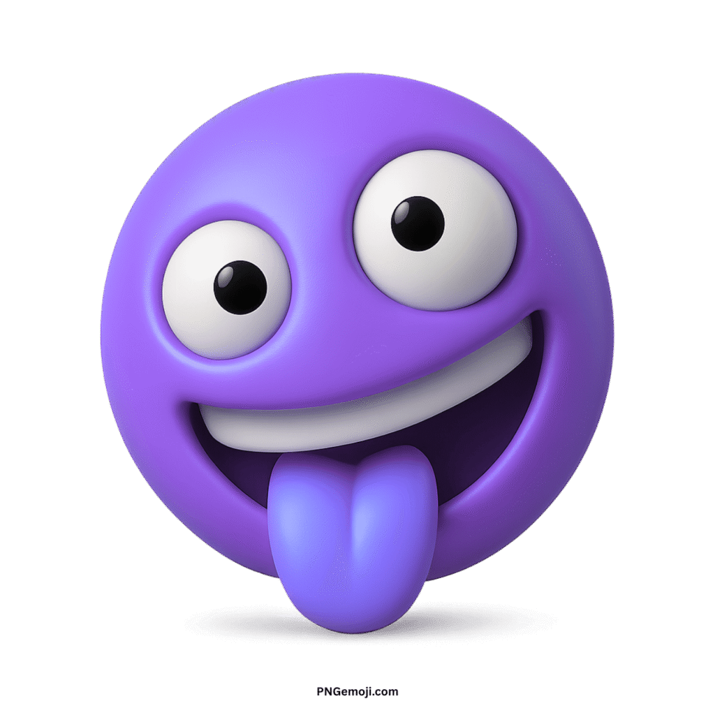 Crazy face purple 3D emoji with wide eyes, big smile, and tongue sticking out.