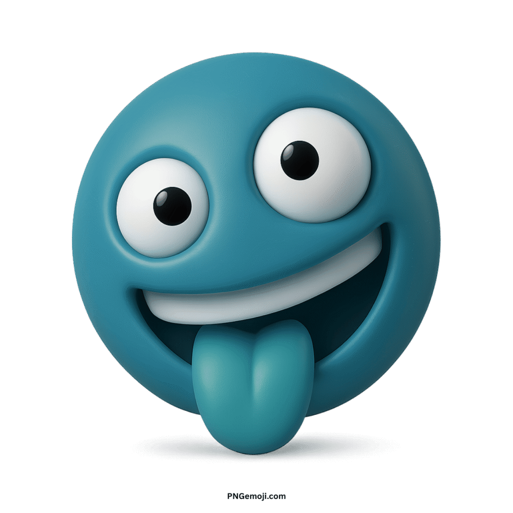  Crazy face teal 3D emoji with wide eyes, big smile, and tongue sticking out.