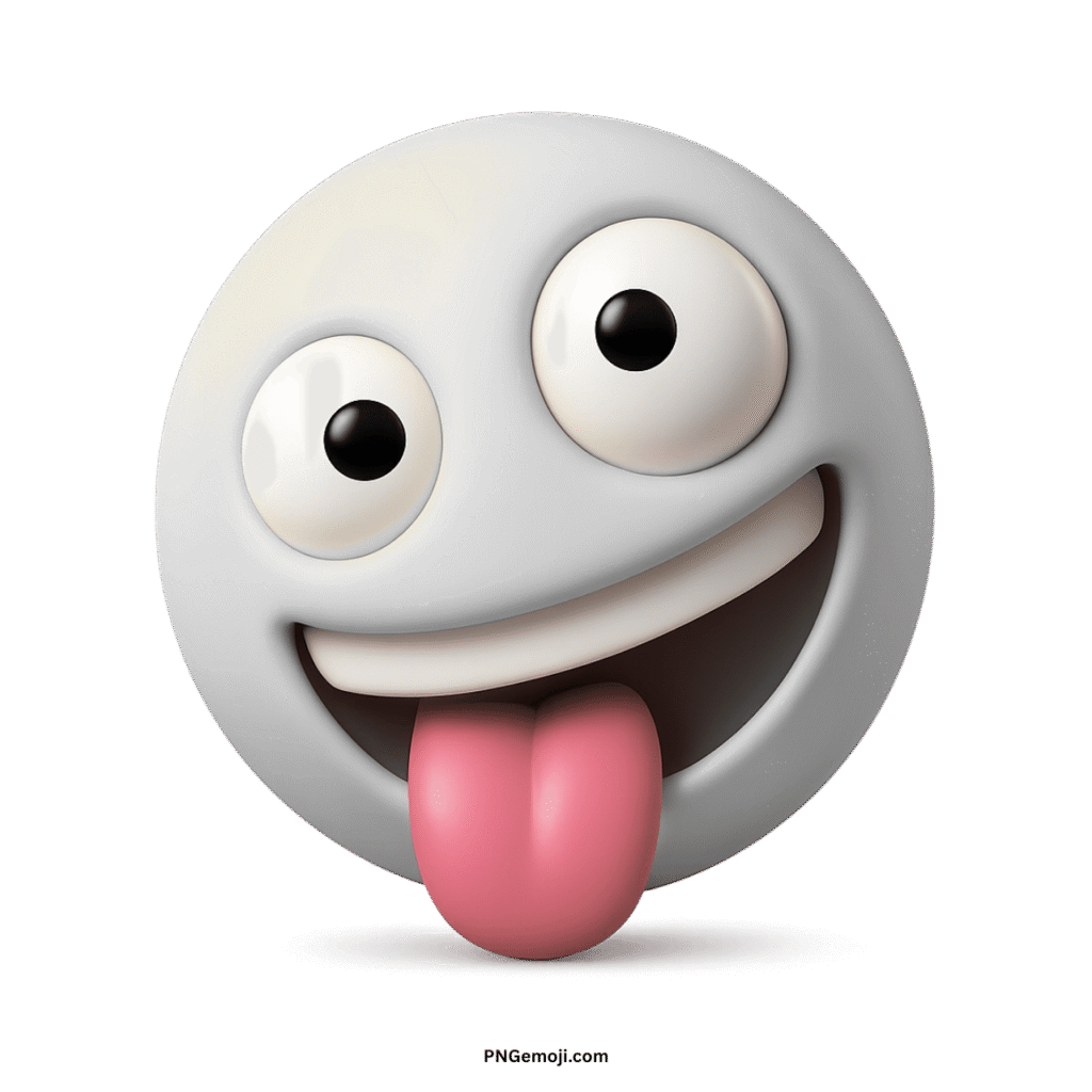 Crazy face white 3D emoji with wide eyes, big smile, and pink tongue sticking out.