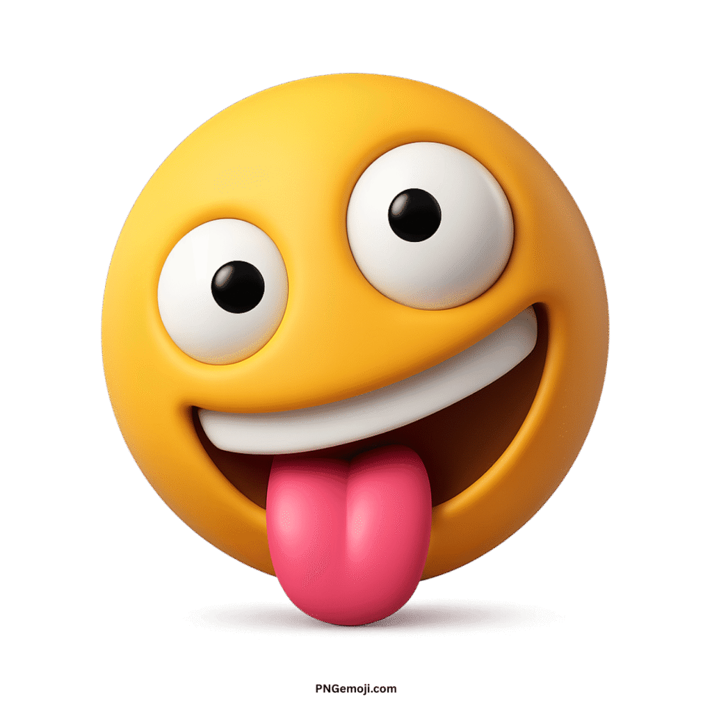 Crazy face yellow 3D emoji with wide eyes, big smile, and pink tongue sticking out.