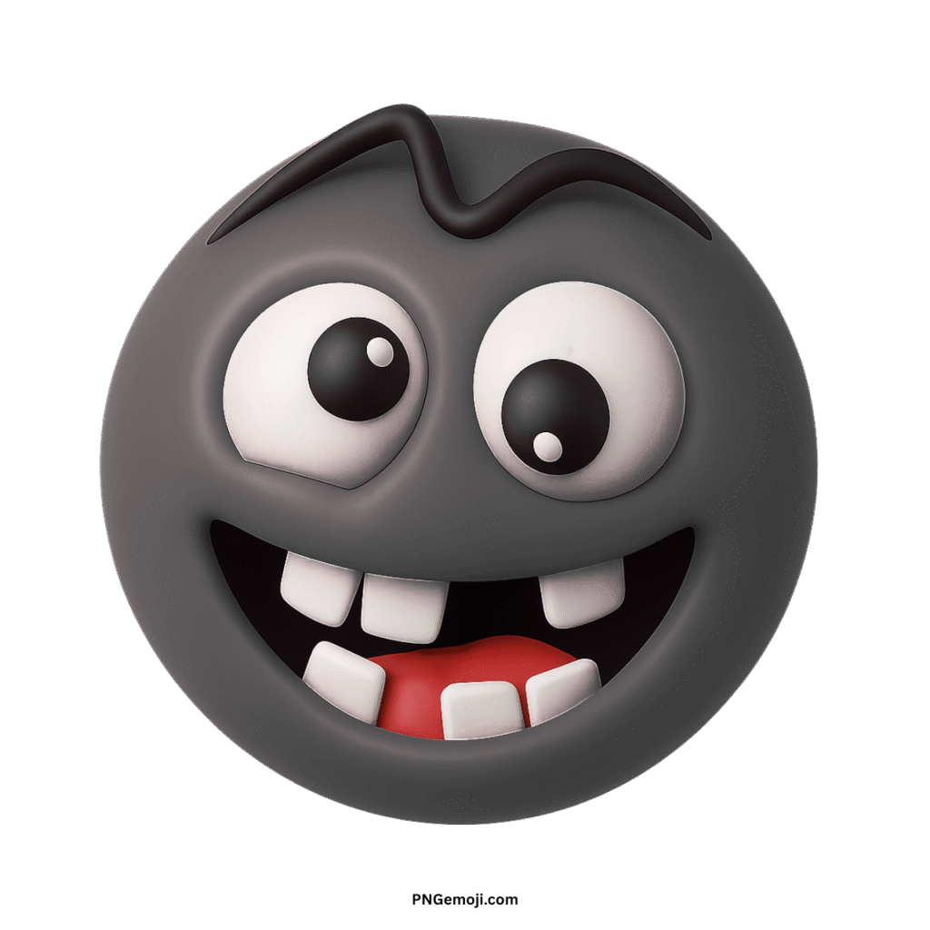 Crazy gray smiley face emoji with wide eyes, buck teeth, and wavy eyebrow.