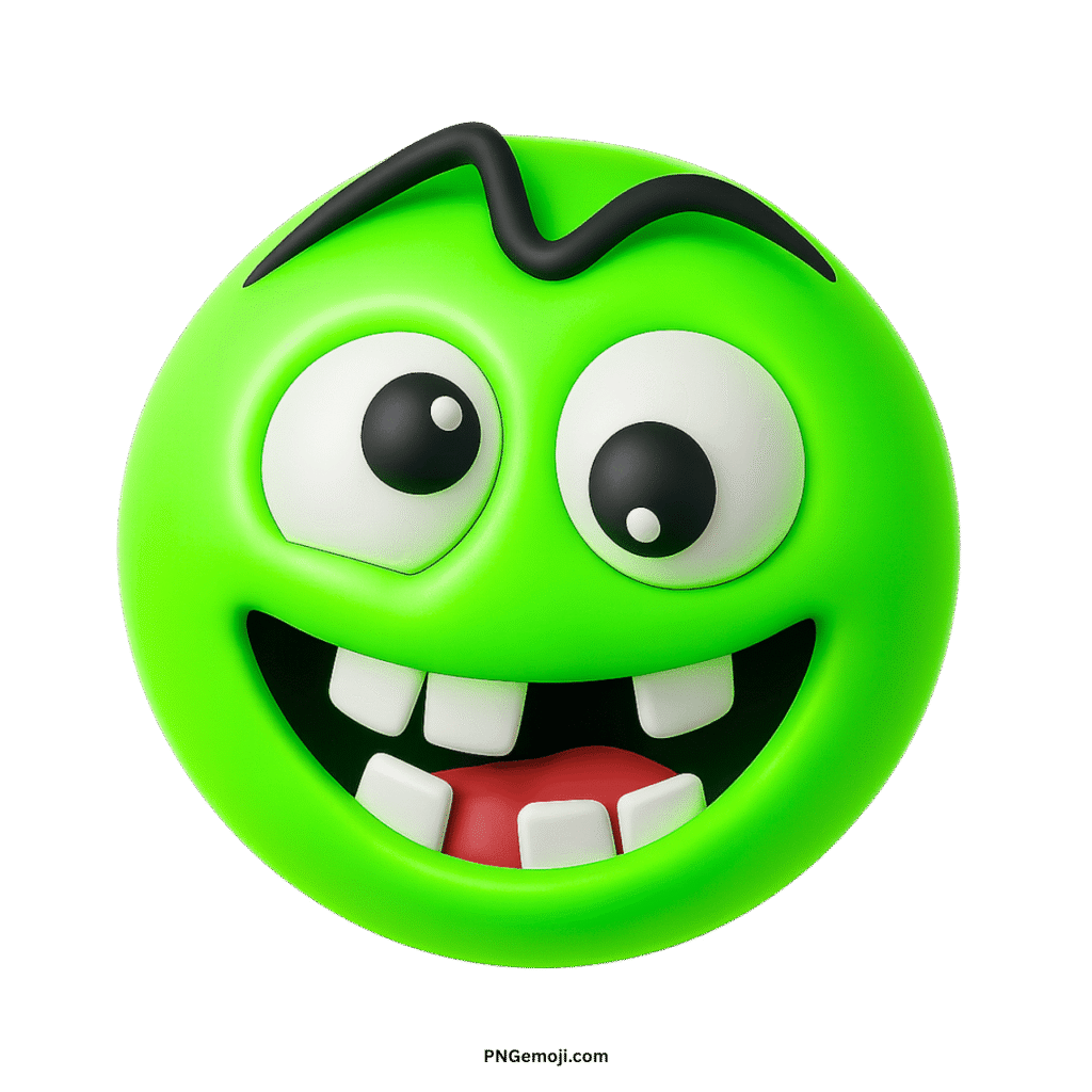 Crazy green smiley face emoji with wide eyes, buck teeth, and wavy eyebrow.