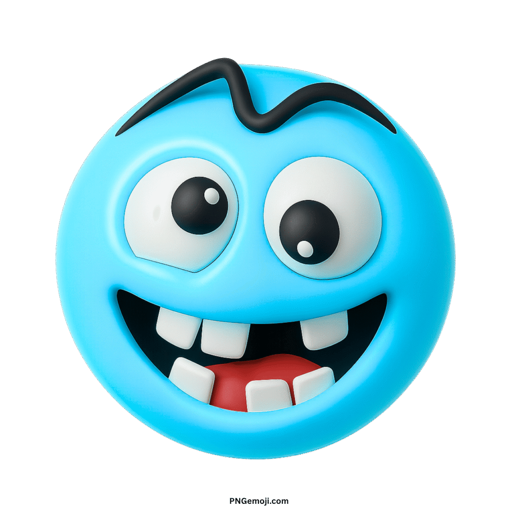  Crazy light blue smiley face emoji with wide eyes, buck teeth, and wavy eyebrow.
