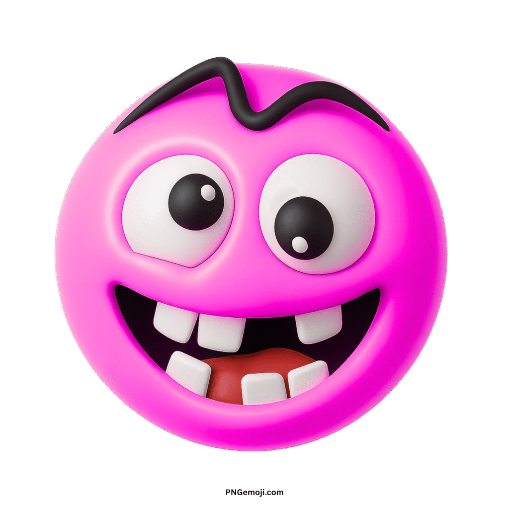 Crazy pink smiley face emoji with wide eyes, buck teeth, and wavy eyebrow.