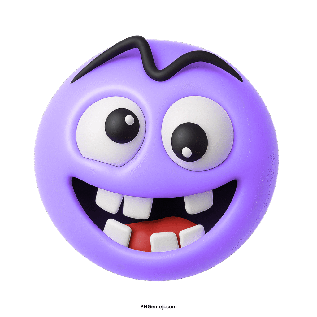 Crazy purple smiley face emoji with wide eyes, buck teeth, and wavy eyebrow.