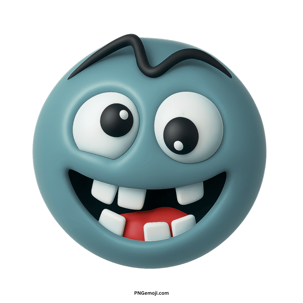  Crazy teal smiley face emoji with wide eyes, buck teeth, and wavy eyebrow.
