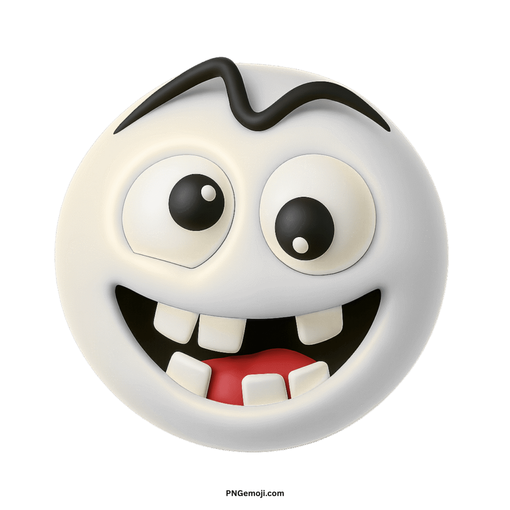 Crazy white smiley face emoji with wide eyes, buck teeth, and wavy eyebrow.