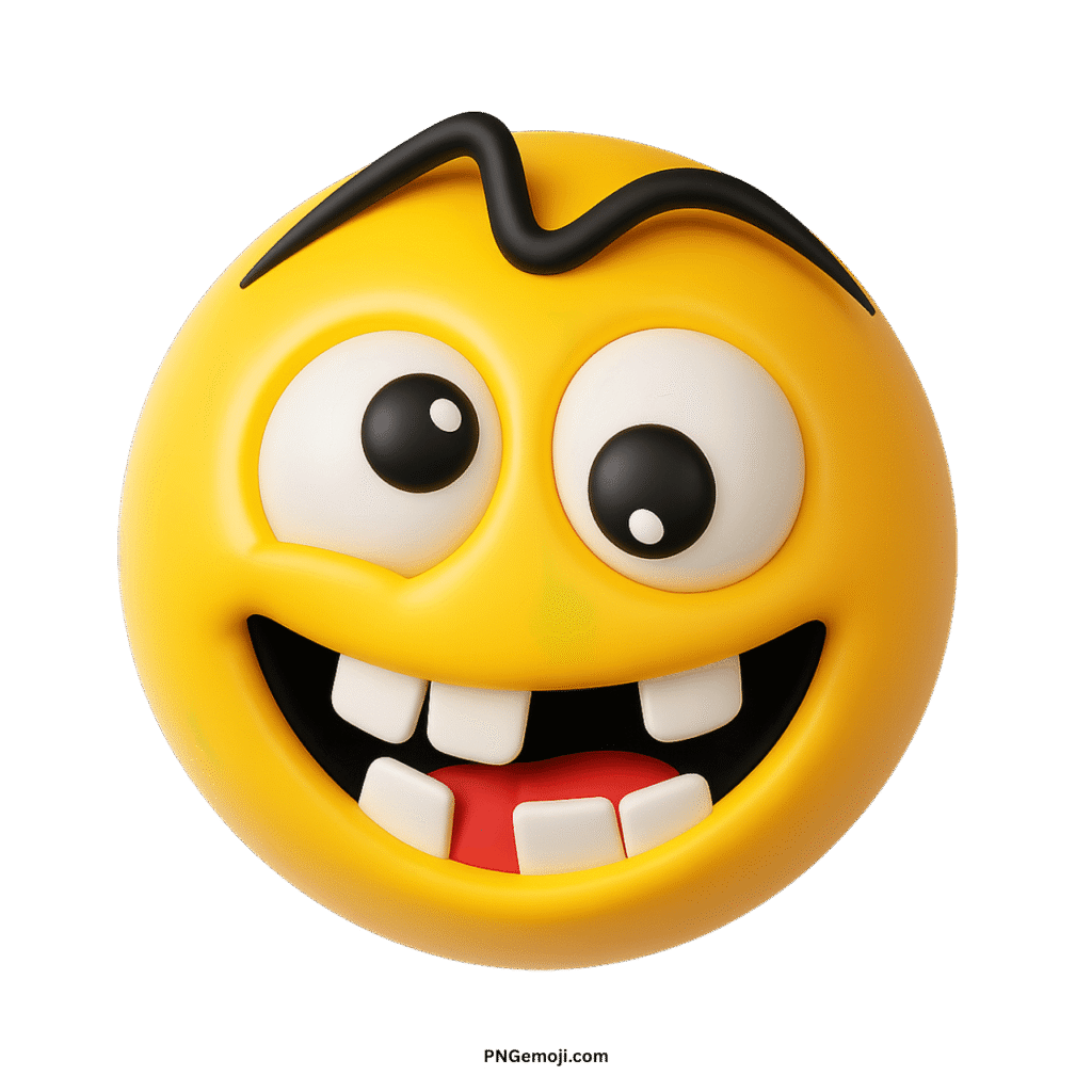 Crazy yellow smiley face emoji with wide eyes, buck teeth, and wavy eyebrow.