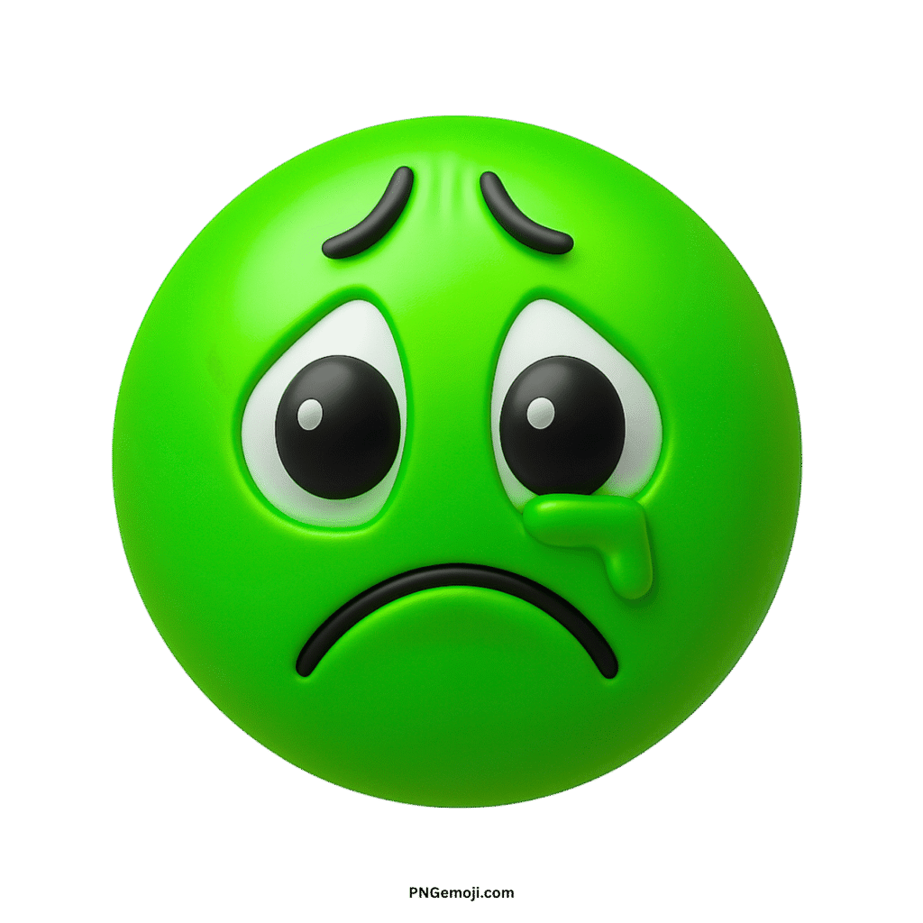 Sad green crying face emoji PNG with tear drop and frowning expression transparent background