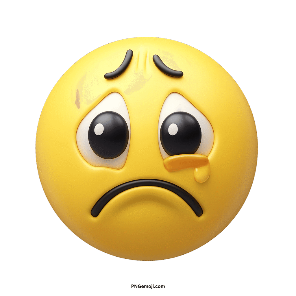 A 3D yellow crying face emoji with a single tear, on a black background.