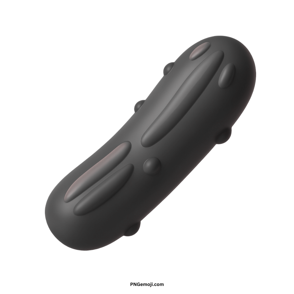  3D black cucumber emoji icon, stylized pickle vegetable graphic, modern garden food symbol.