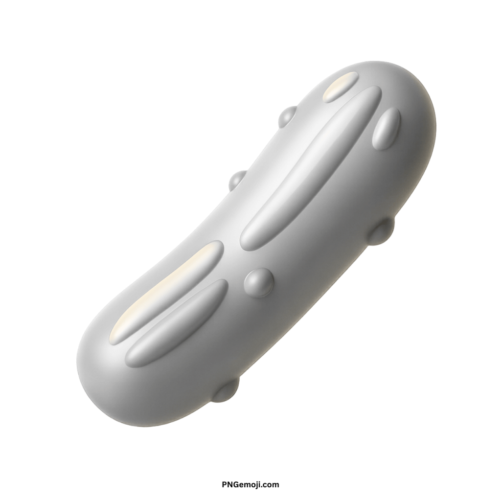 3D silver cucumber emoji icon, stylized shiny pickle vegetable, modern food graphic symbol.