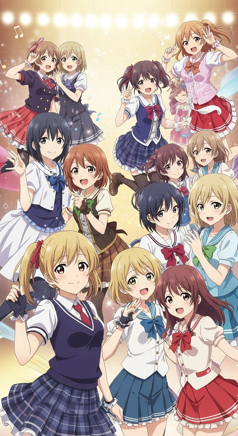 Cue anime wallpaper featuring idol group characters in colorful stage outfits smiling together