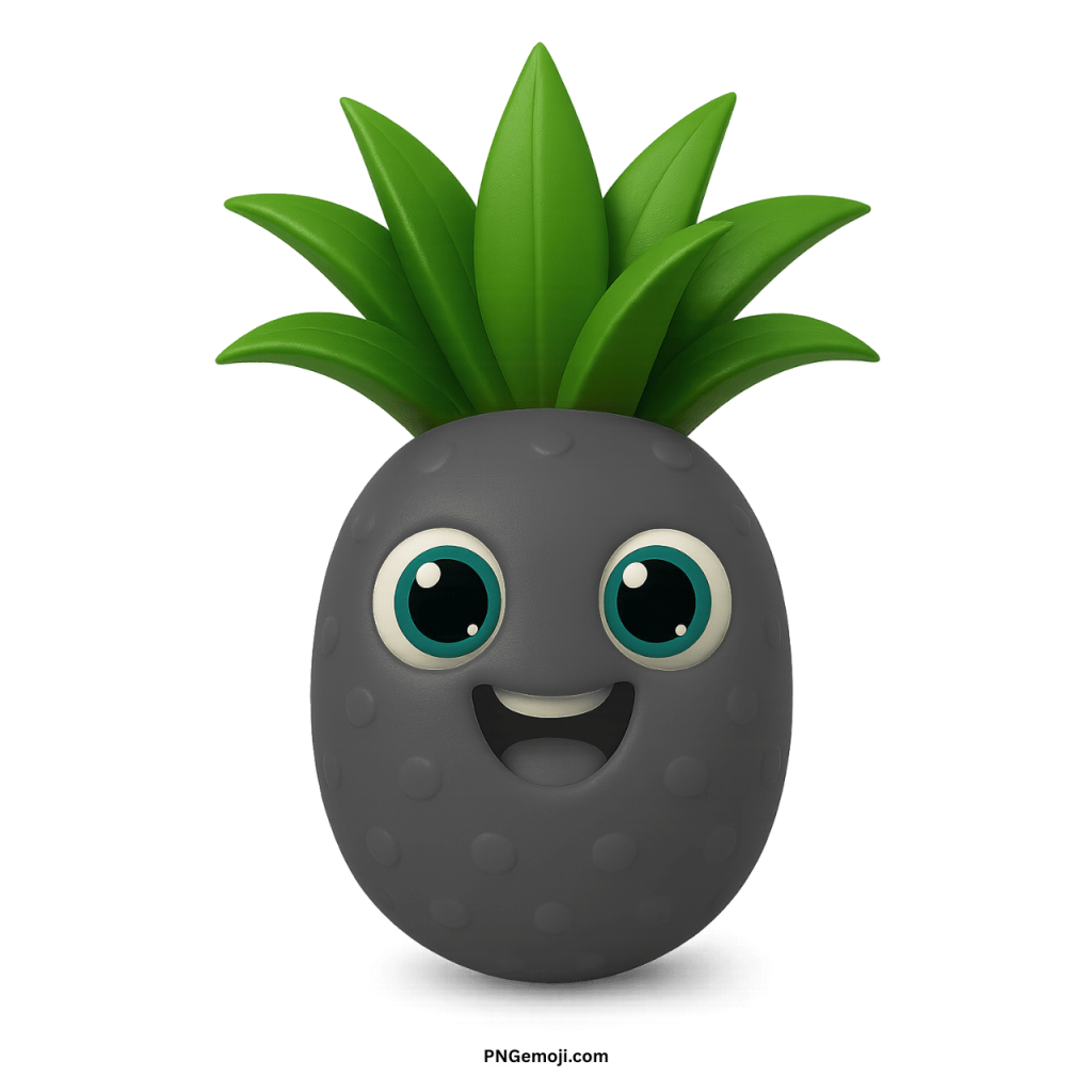 Cute black pineapple emoji with happy face, big round eyes, and green leaves