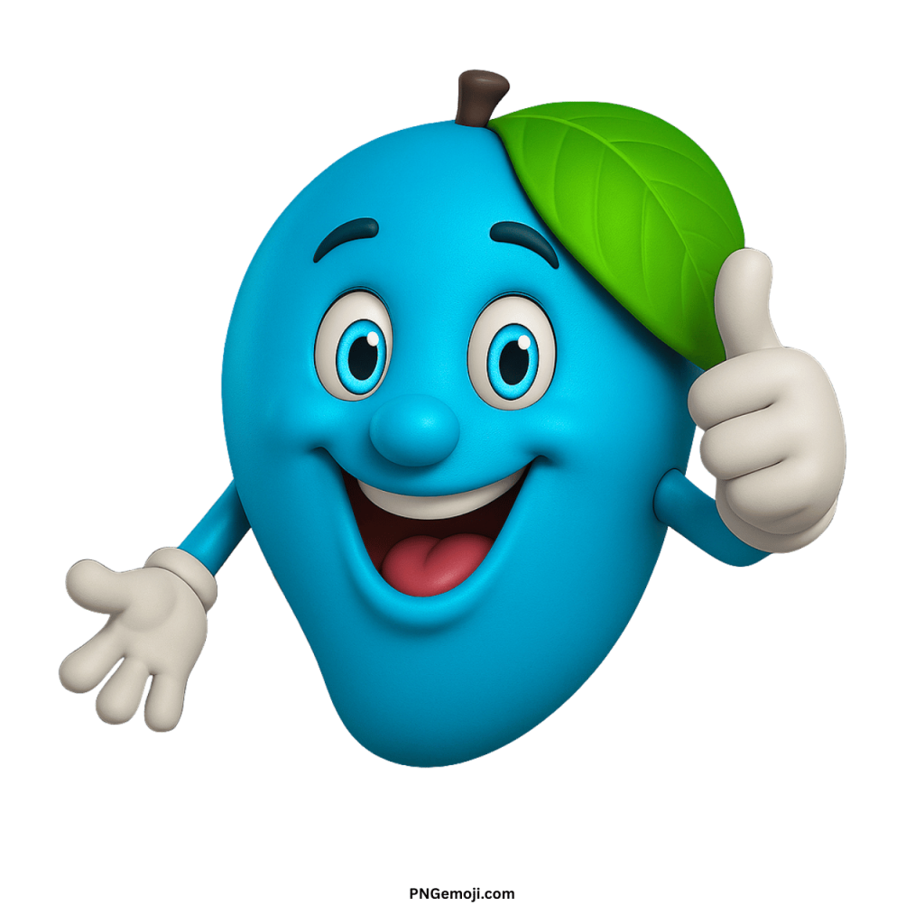 Cute blue mango emoji cartoon with green leaf, cheerful smiling face, and playful thumbs up