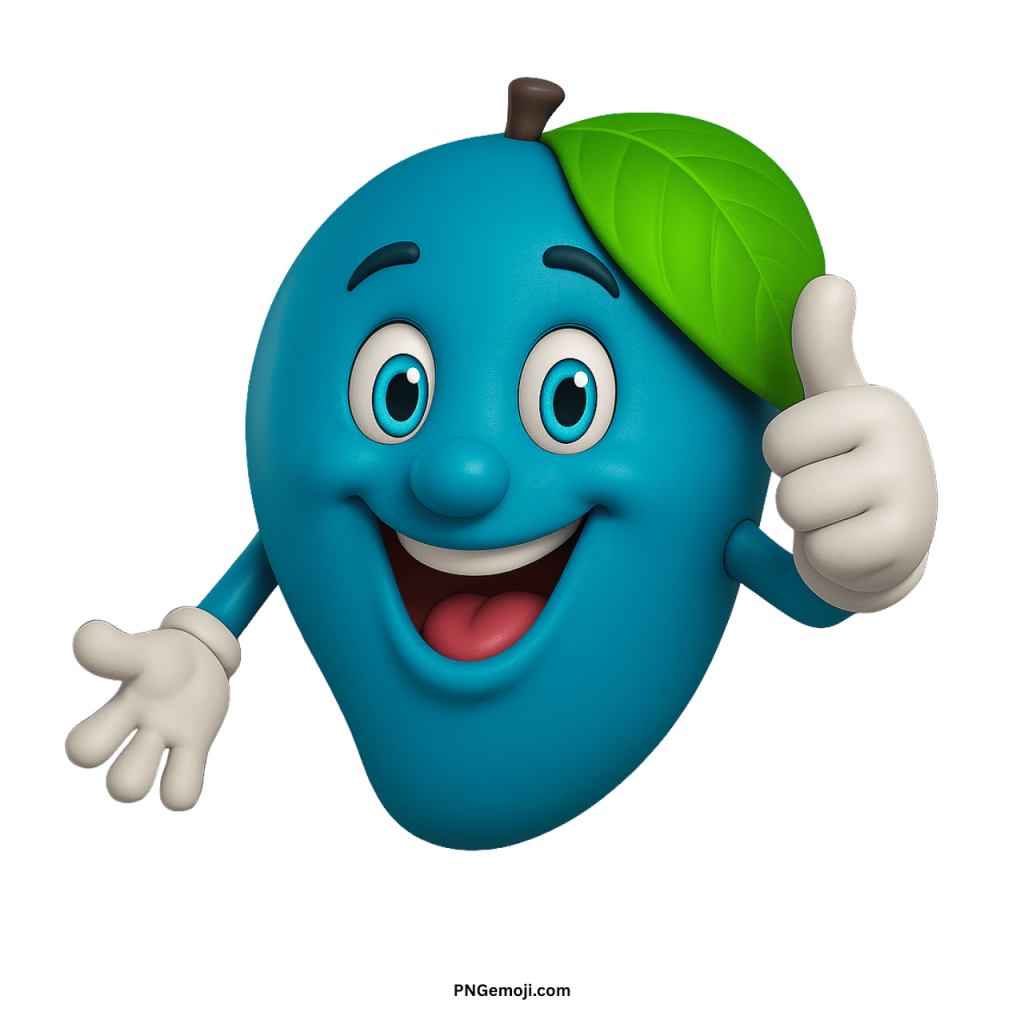 Cute blue mango emoji cartoon with green leaf, smiling face, cheerful eyes, and thumbs up
