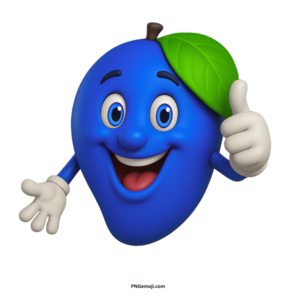 Cute blue mango emoji cartoon character smiling with leaf and thumbs up gesture