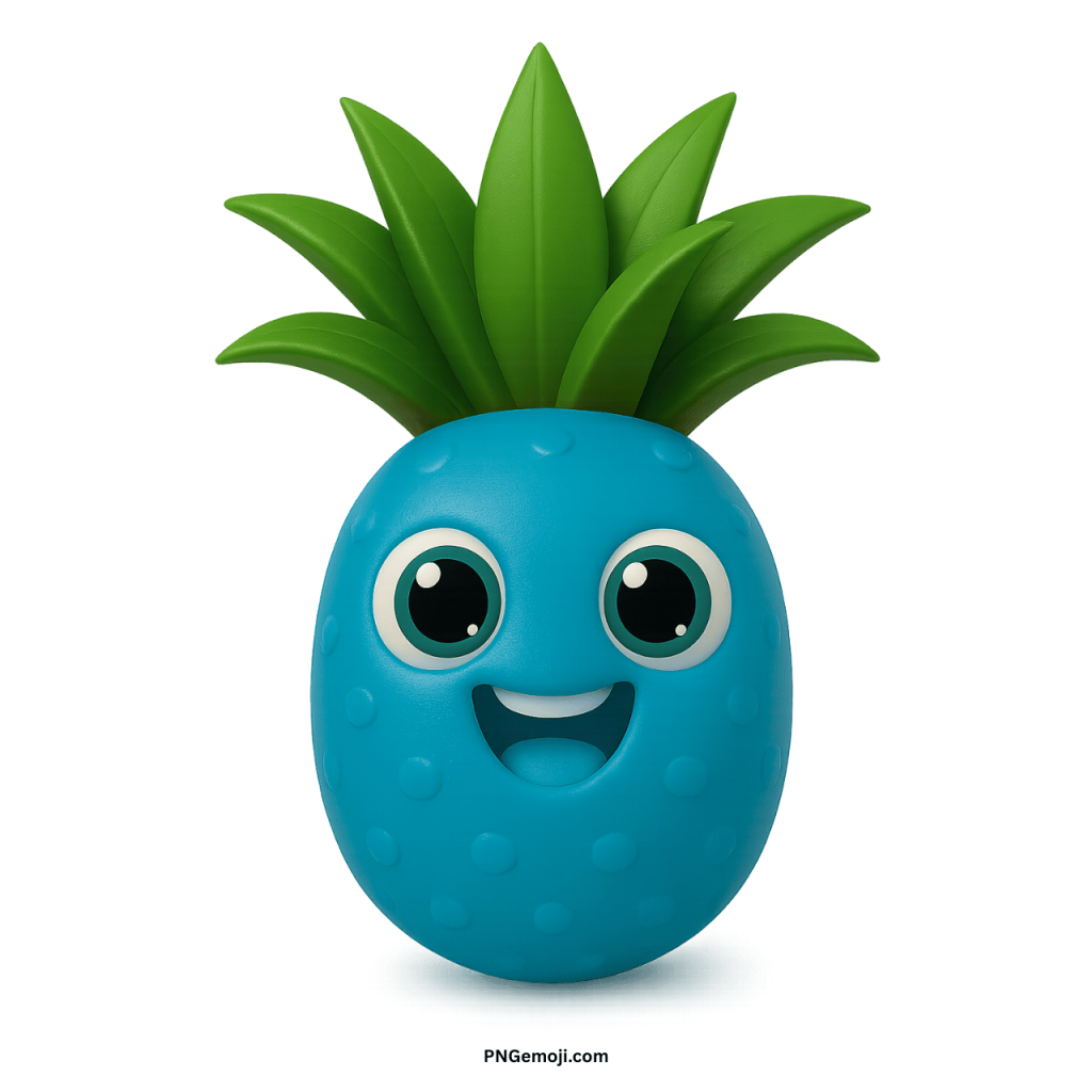 Cute blue pineapple emoji with big smiling eyes and green leafy top cartoon style
