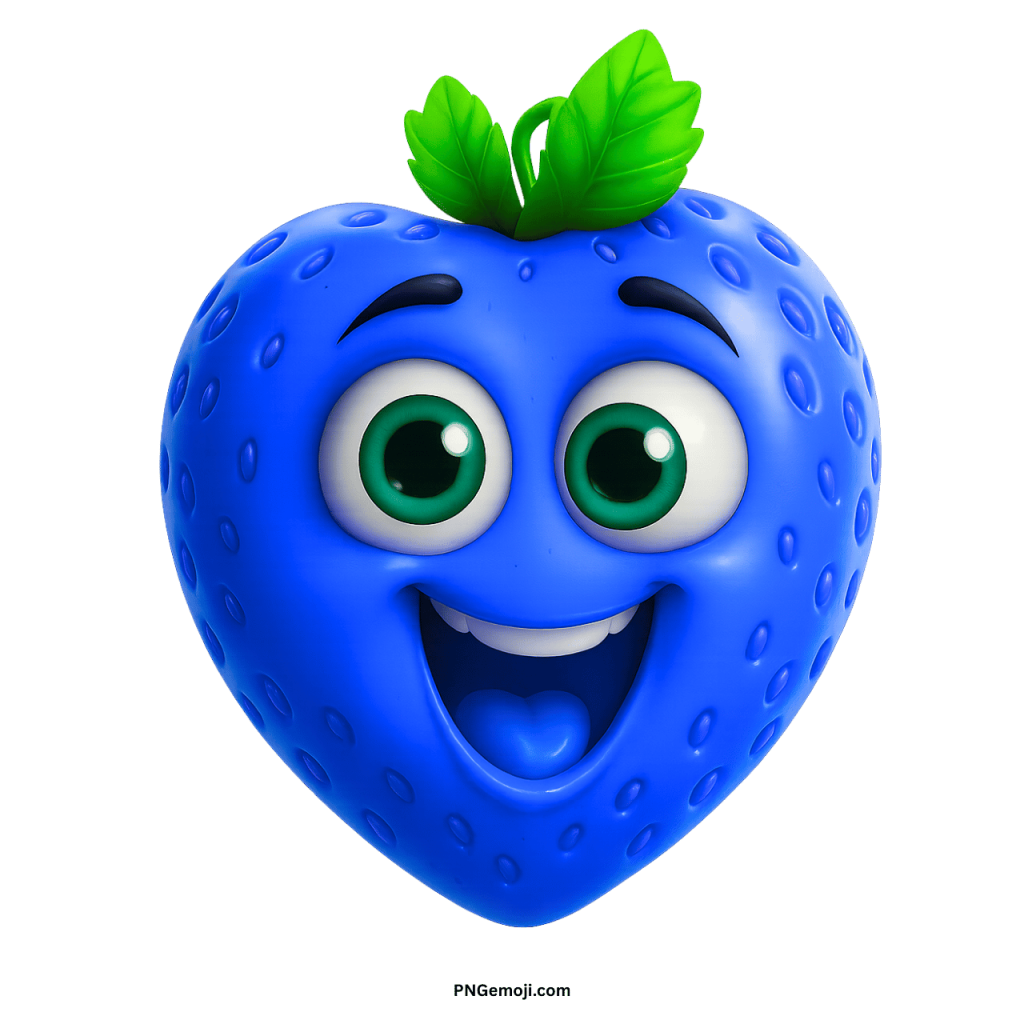 A happy, blue, heart-shaped cartoon strawberry with big green eyes and a wide smile.