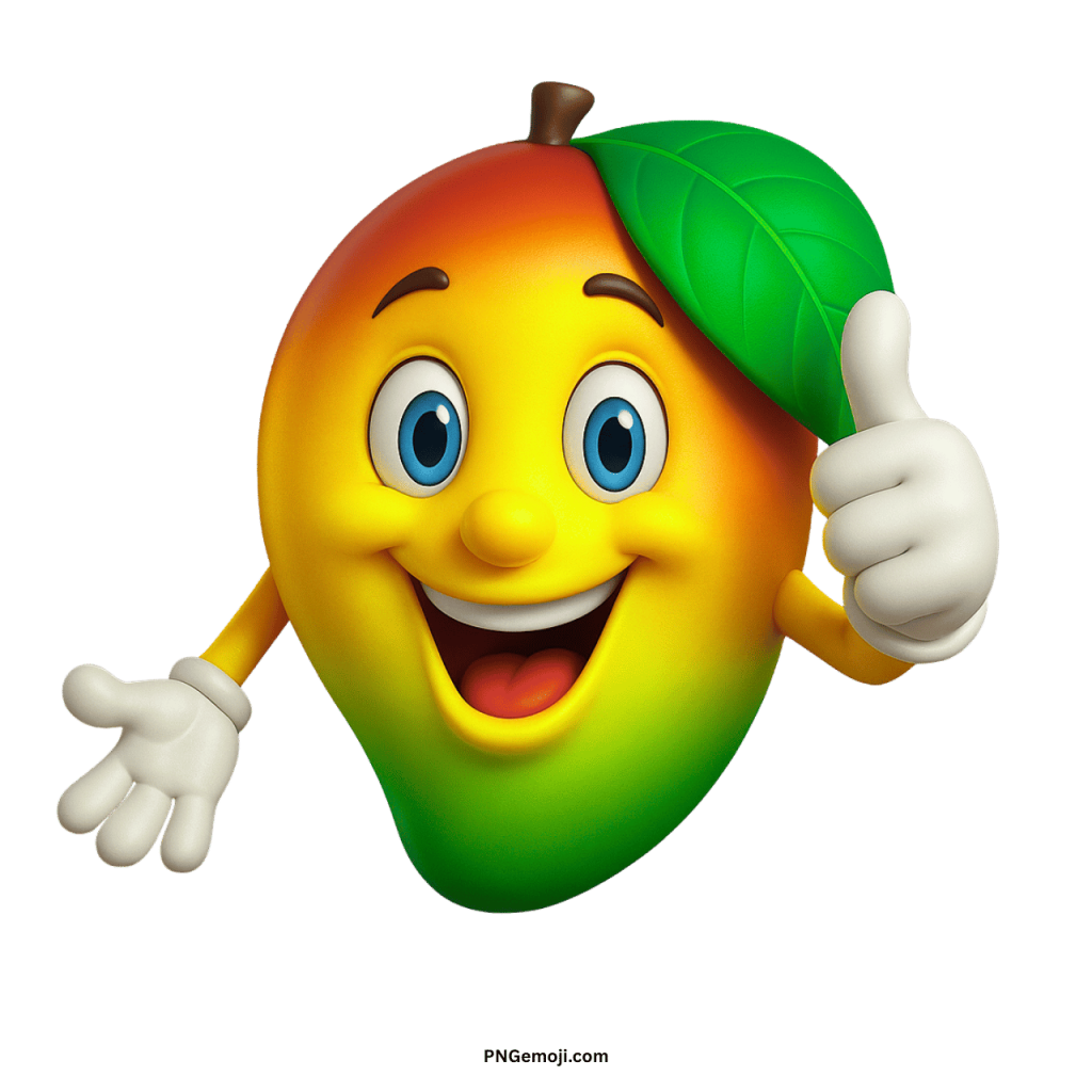 Cute colorful mango emoji cartoon with green leaf, happy smiling face, and thumbs up