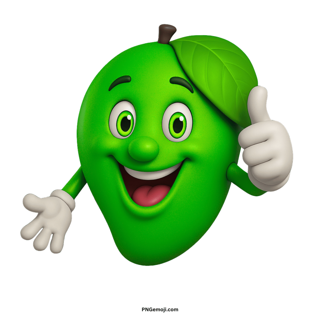 Cute green mango emoji cartoon with leaf, smiling face, expressive eyes, and thumbs up