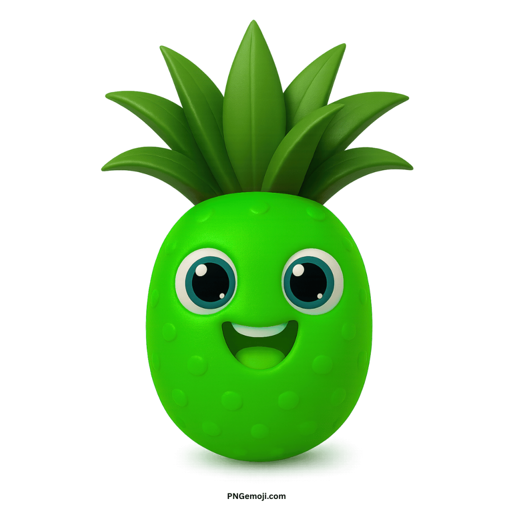 Cute green pineapple emoji with smiling face, big shiny eyes, and leafy green crown