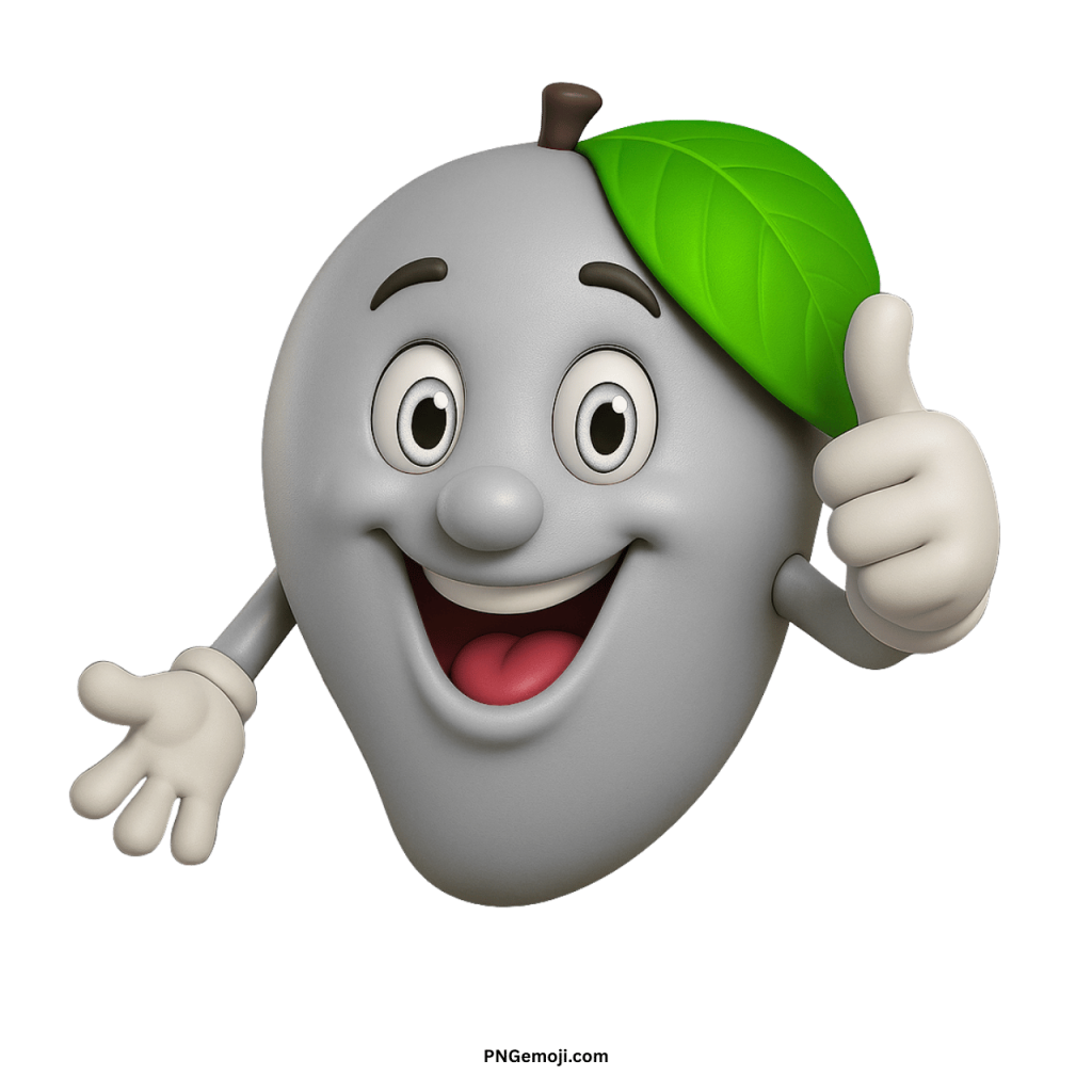 Cute grey mango emoji cartoon with green leaf, happy smiling face, and thumbs up