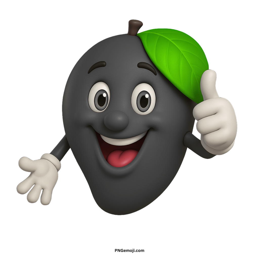 Cute smiling black mango emoji cartoon with green leaf, cheerful face, and thumbs up