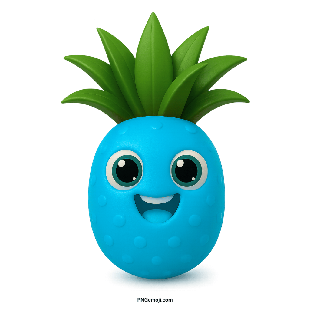 Cute light blue pineapple emoji with happy smile, big cartoon eyes, and green leaves