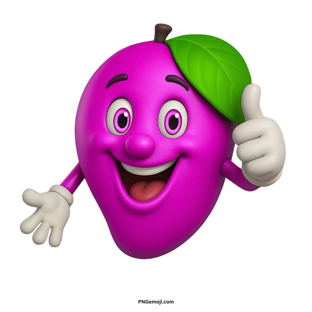 Cute purple mango emoji cartoon with green leaf, happy smiling face, and thumbs up