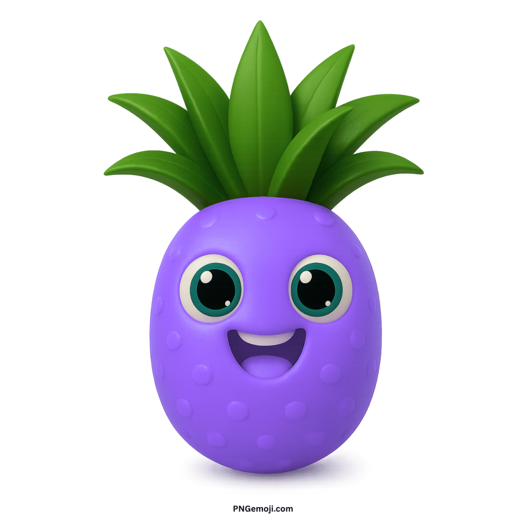 Cute purple pineapple emoji with big smiling face and green leaves cartoon style