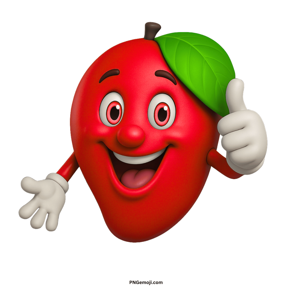 Cute red mango emoji cartoon with green leaf, smiling face, cheerful eyes, and thumbs up