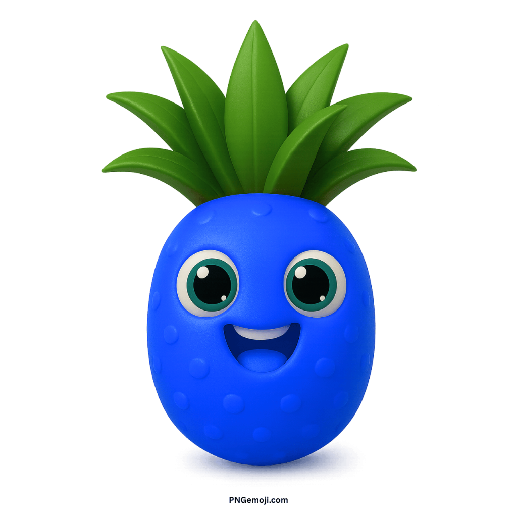 Cute smiling blue pineapple emoji with big eyes and green leaves cartoon style