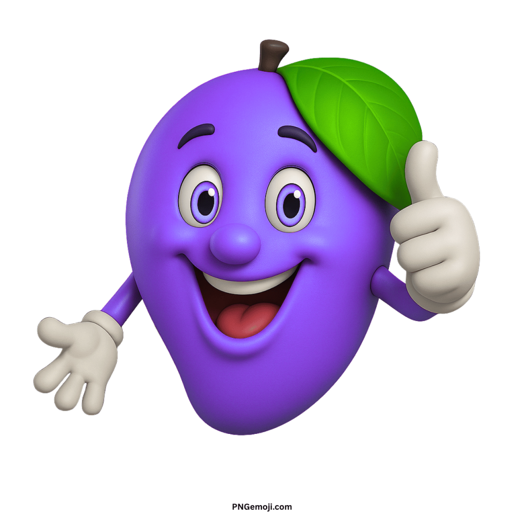 Cute violet mango emoji cartoon with green leaf, wide smile, cheerful eyes, and thumbs up