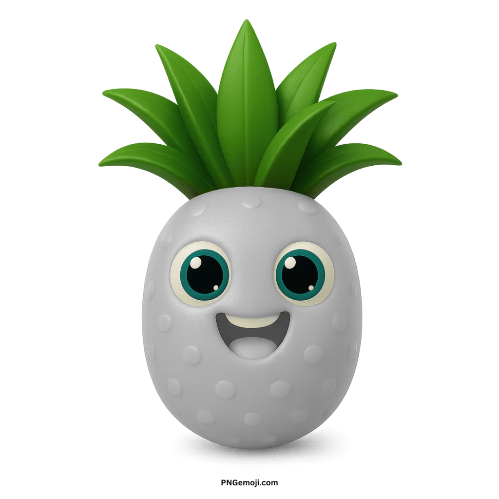 Cute white pineapple emoji with happy smile, big round eyes, and green leaves