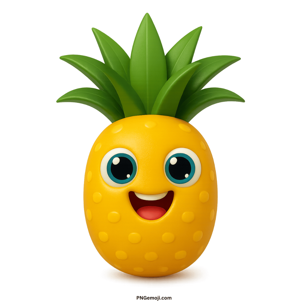 Cute yellow pineapple emoji with big happy eyes, smiling face, and green leafy top