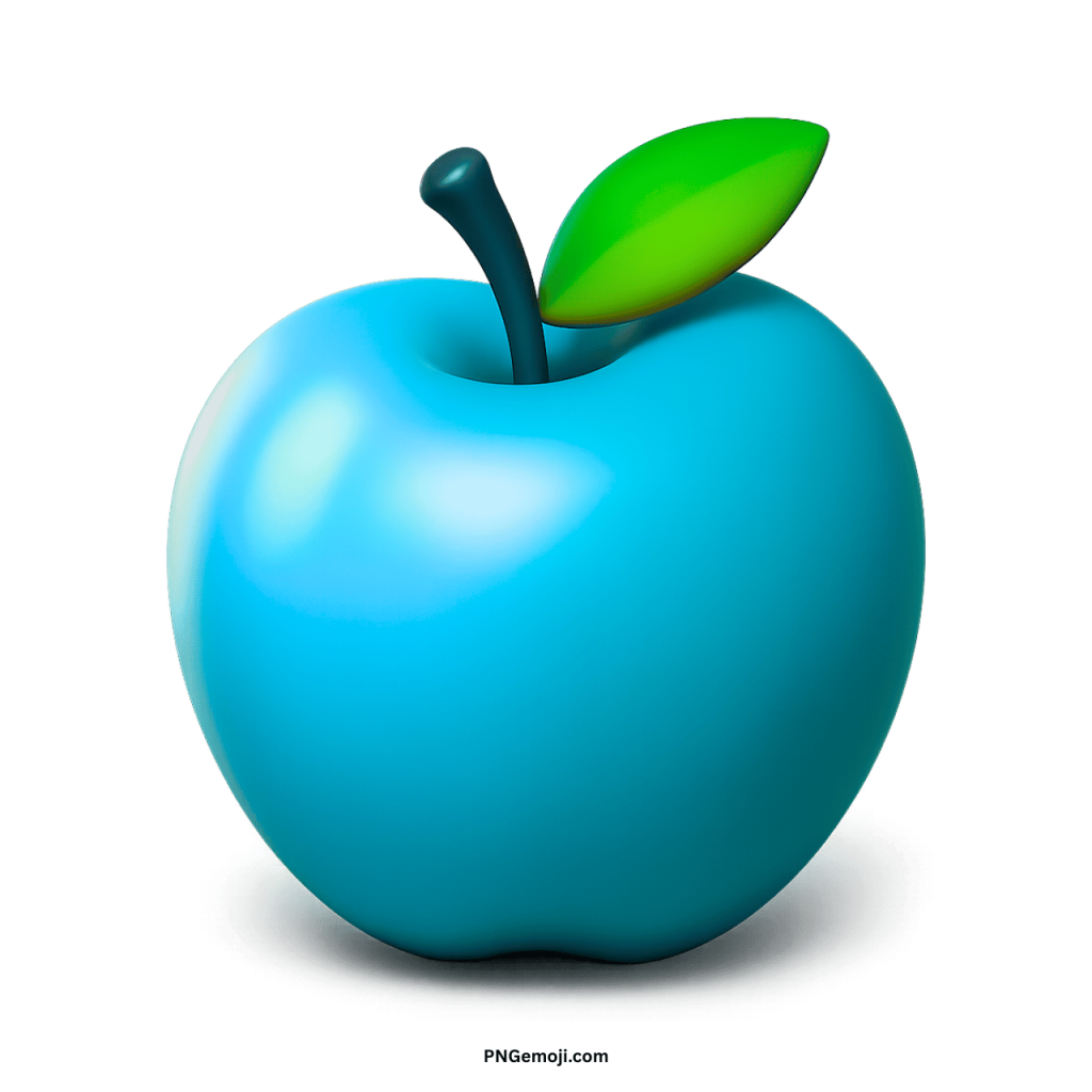 A glossy 3D cyan-colored apple emoji with a green leaf and a dark stem on a black background.