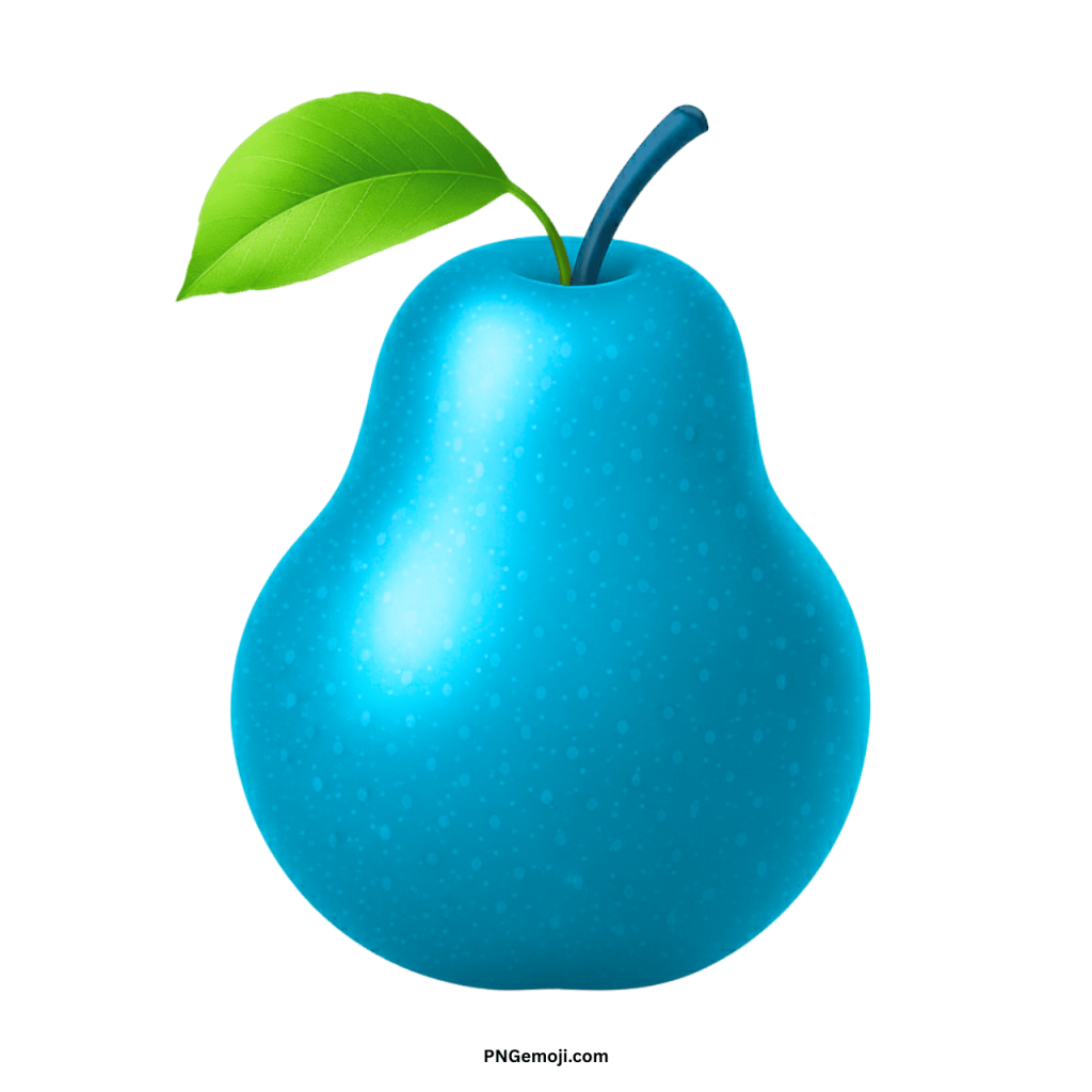 A bright cyan blue pear emoji with a textured surface, a vibrant green leaf, and a dark blue stem on a black background.