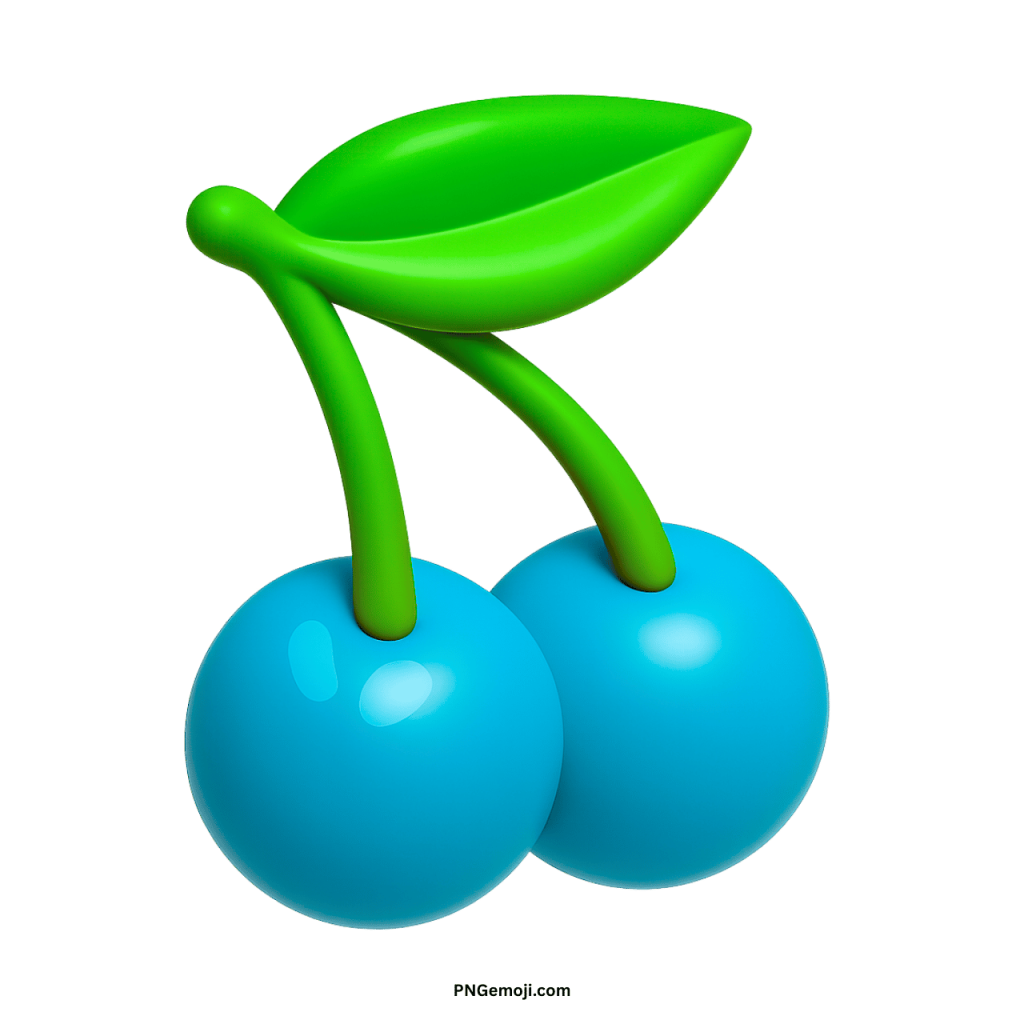 A glossy cyan cherry emoji with bright green leaves on a muted green background.
Title: Cyan Cherry Emoji