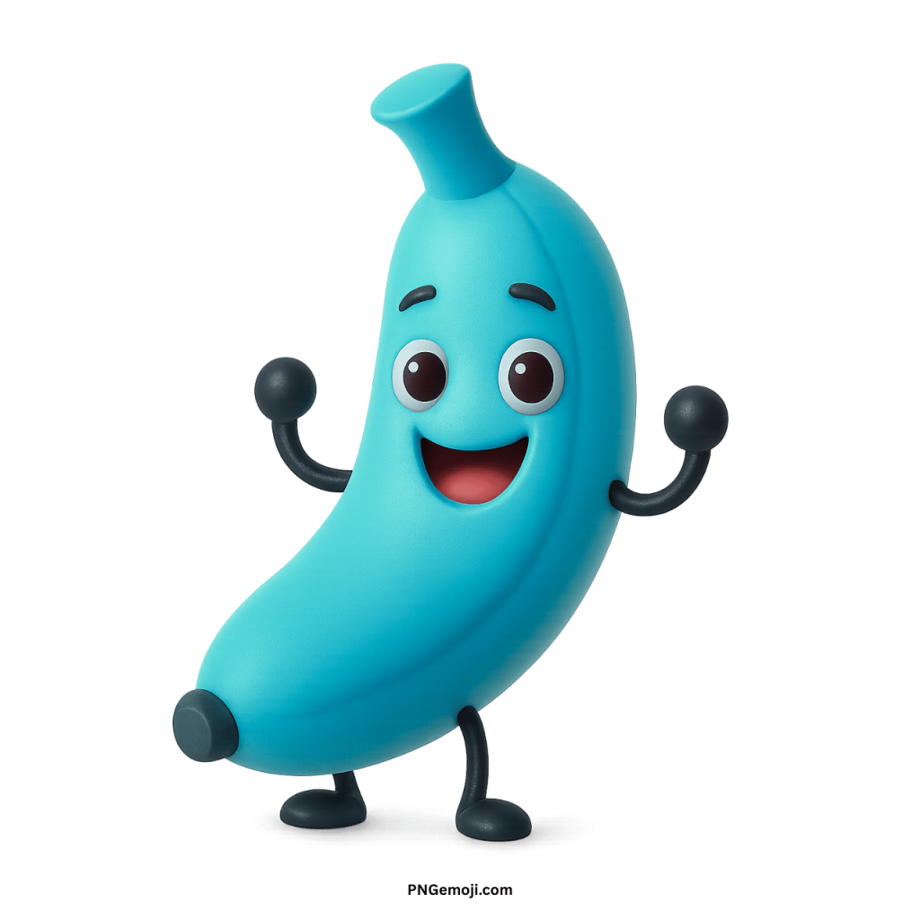 Cyan banana emoji cartoon character smiling with big eyes and playful happy pose on transparent background
