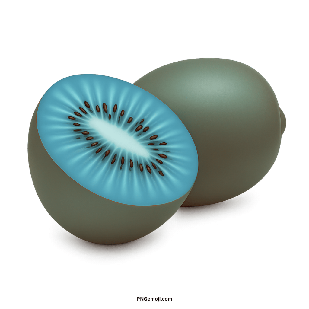 Cyan kiwi fruit PNG with sliced bright cyan flesh and black seeds transparent background