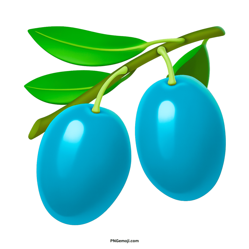 A vibrant cyan olive emoji with fresh green leaves on a branch, set against a black background.